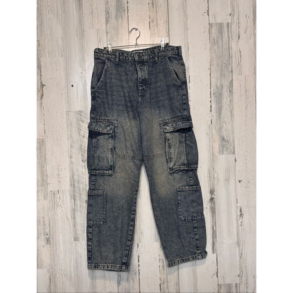 Denim Co Loose Fit Cargo Jeans Gray Acid Wash Utility Pants W32 L30